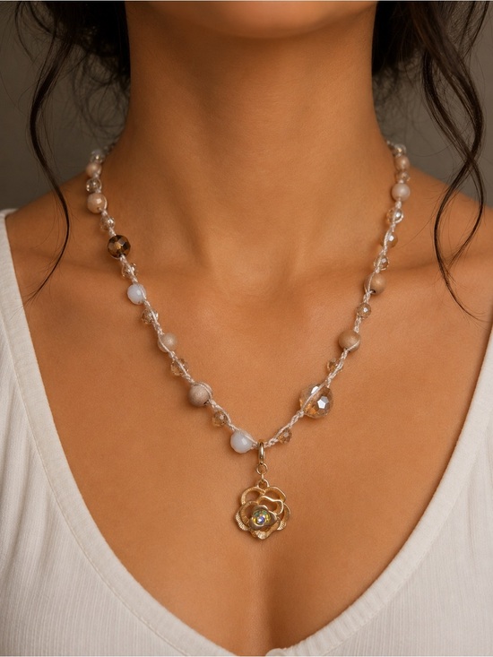 Handmade Jewelry - Gold Flower Pendant Beaded Necklace - Neutral Tones